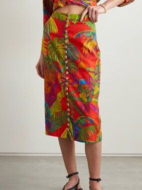 Farm Rio Urban Jungle Linen Blend Button Front Midi Skirt Size M